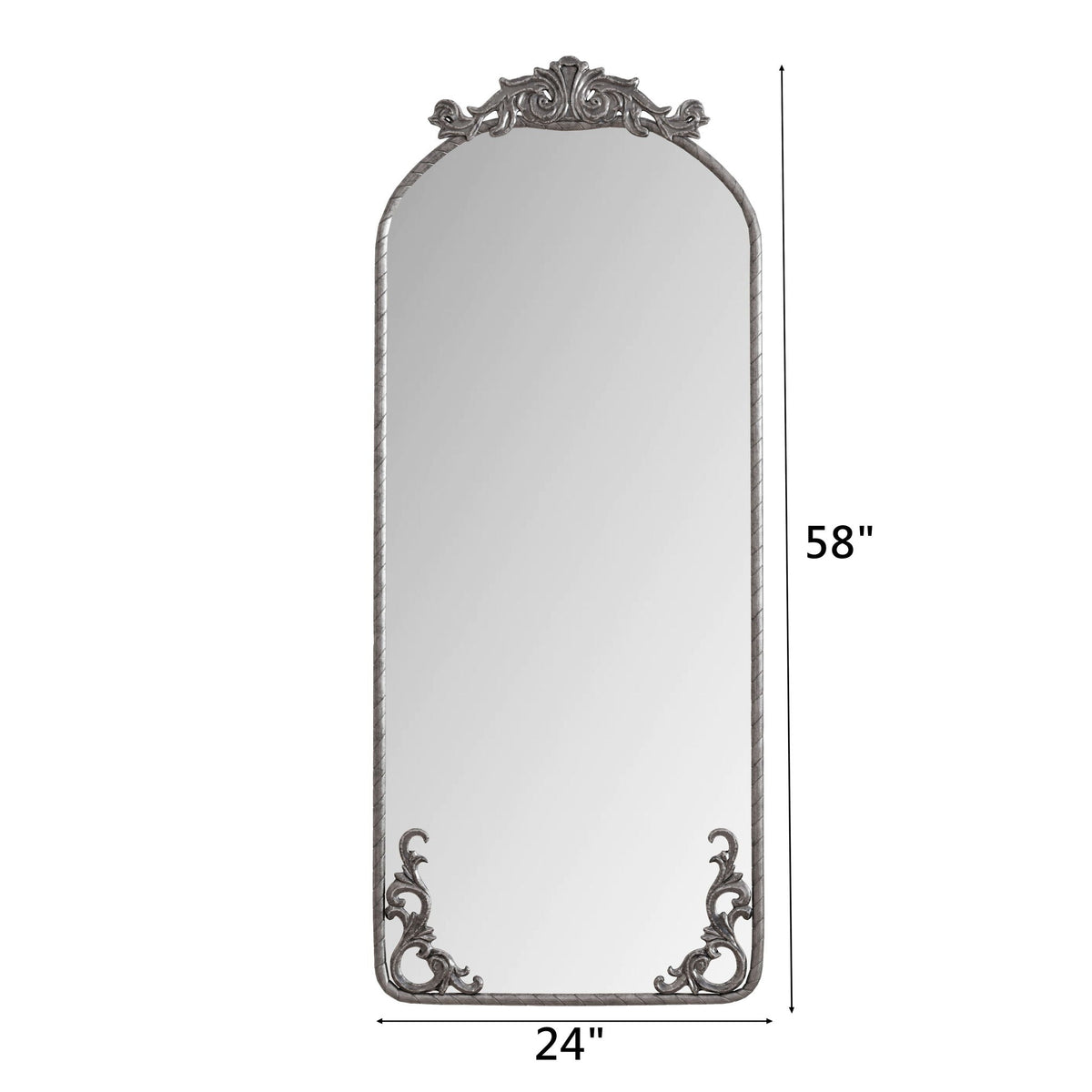 Full body arched wall mirror with vintage carved applique in bronze pearl silver, 24x58 in on Tampa Home & Garden Store