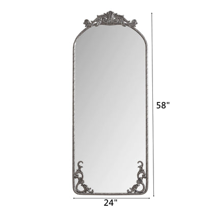 Full body arched wall mirror with vintage carved applique in bronze pearl silver, 24x58 in on Tampa Home & Garden Store