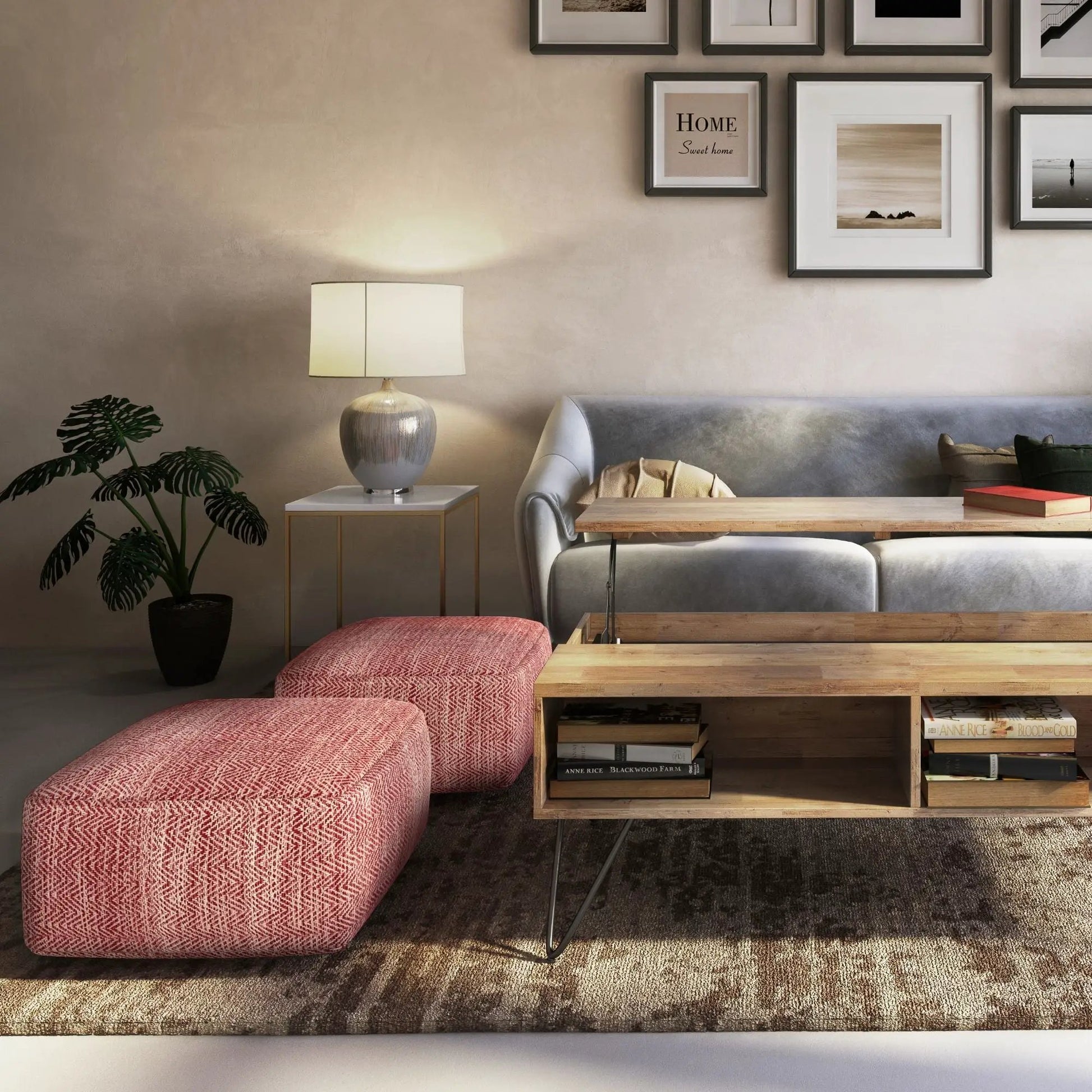 Nate Handcrafted Square Pouf, pink geometric fabric accent pouf by Unique Piece Furniture on Tampa Home & Garden Store
