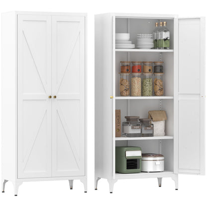Adjustable 2-Door pantry cabinet by HouseOfZazla, white with striped doors; shelves hold dishes on Tampa Home & Garden Store