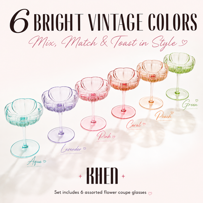 Set of six bright flower coupe cocktail glasses