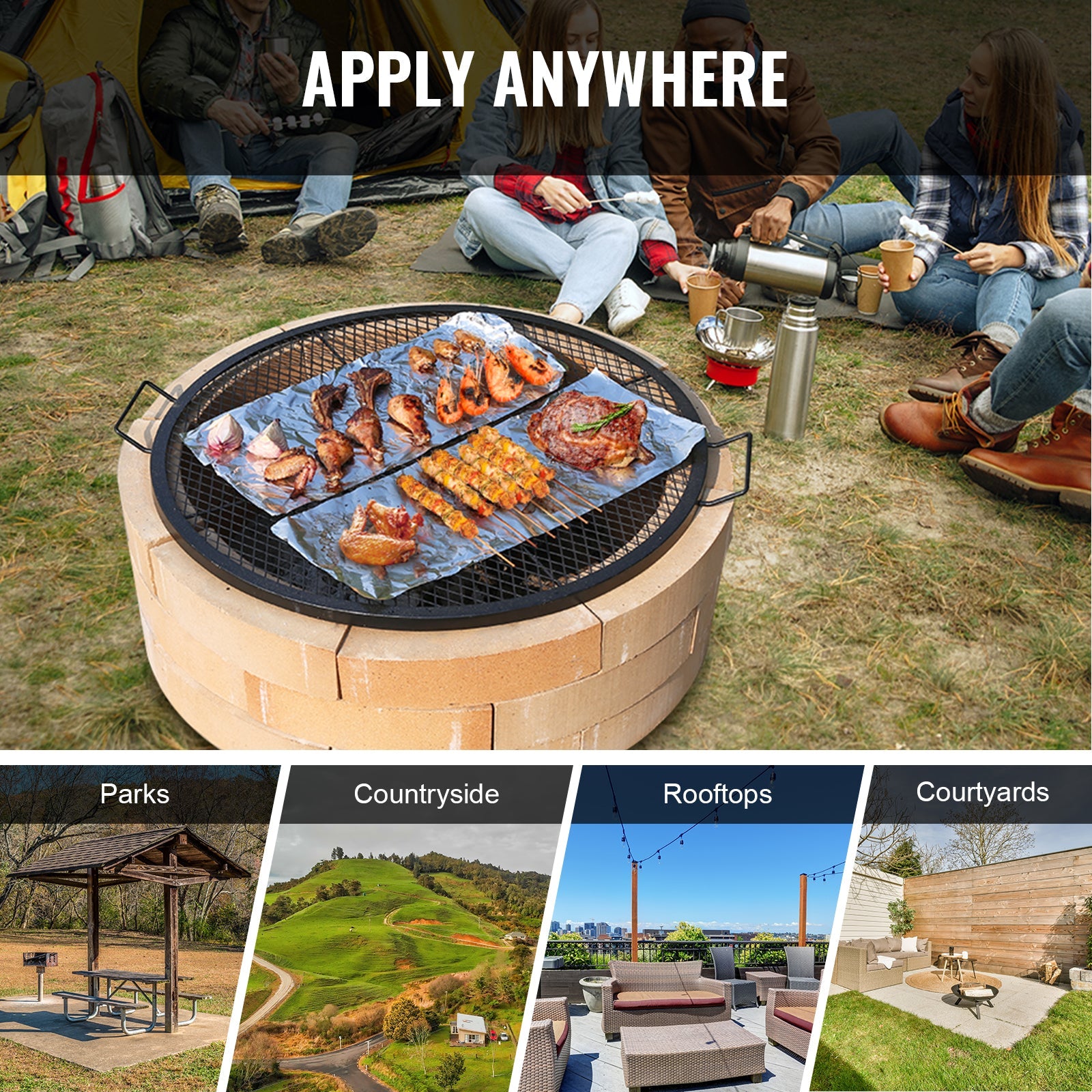 X-Marks Fire Pit Grate 36 Inch, black steel round grate over a fire pit with grilled meats on Tampa Home & Garden Store