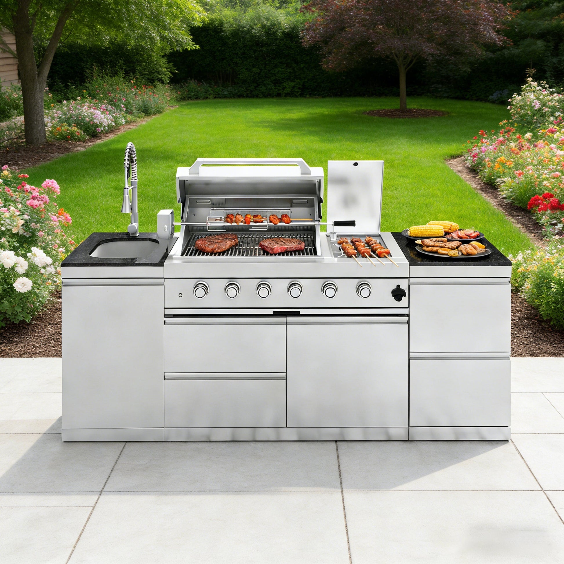 85-Inch Deluxe stainless steel gas outdoor kitchen island grill HouseOfZazla, meats on Tampa Home & Garden Store
