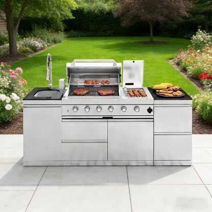 85-Inch Deluxe stainless steel gas outdoor kitchen island grill HouseOfZazla, meats on Tampa Home & Garden Store