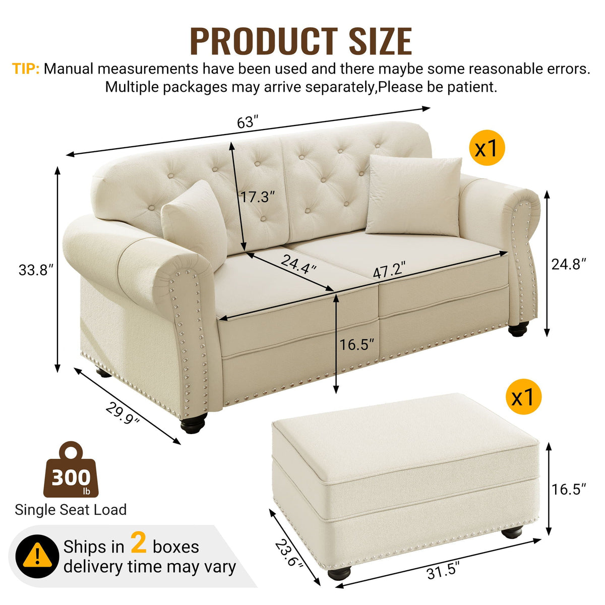 Upholstered Sofa Set with Nailhead and Pillows