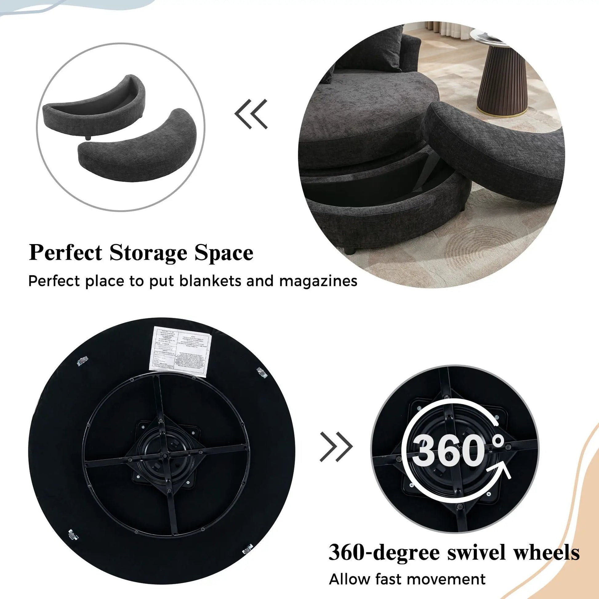 360° swivel accent barrel chair with storage ottoman and 4 pillows in dark gray fabric on Tampa Home & Garden Store