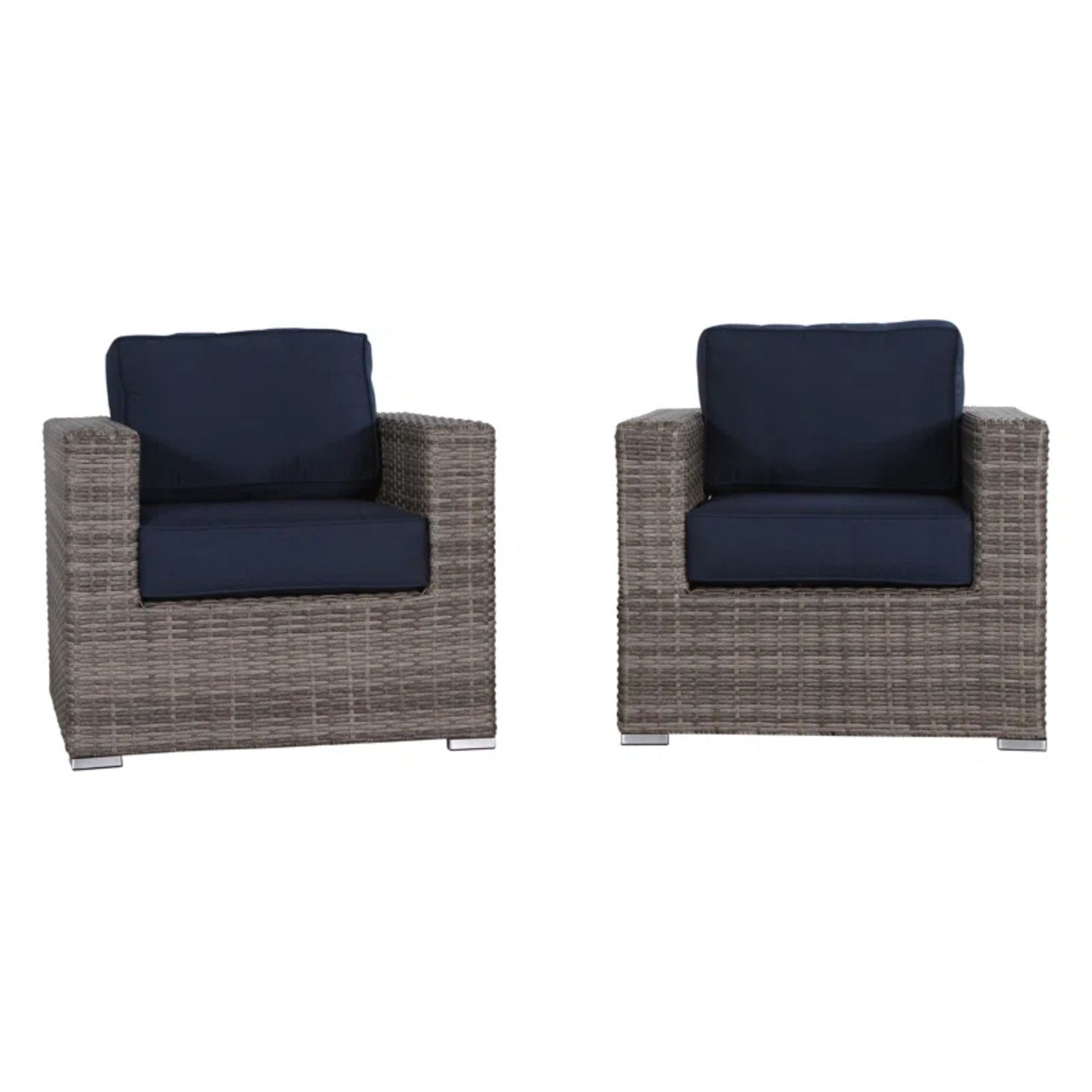 Pair of HouseOfZazla outdoor arm chairs with navy cushions in wicker weave on Tampa Home & Garden Store