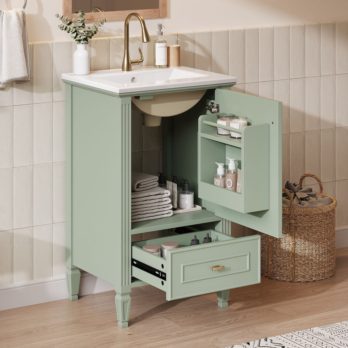 Retro bathroom vanity with sink, sage green cabinet, brass faucet, soft-closing doors on Tampa Home & Garden Store