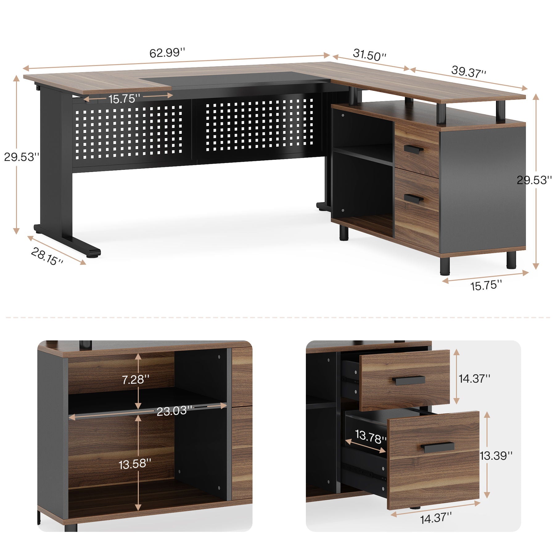 L-shaped executive desk by HouseOfZazla with file cabinet, drawers and shelves in gray oak on Tampa Home & Garden Store