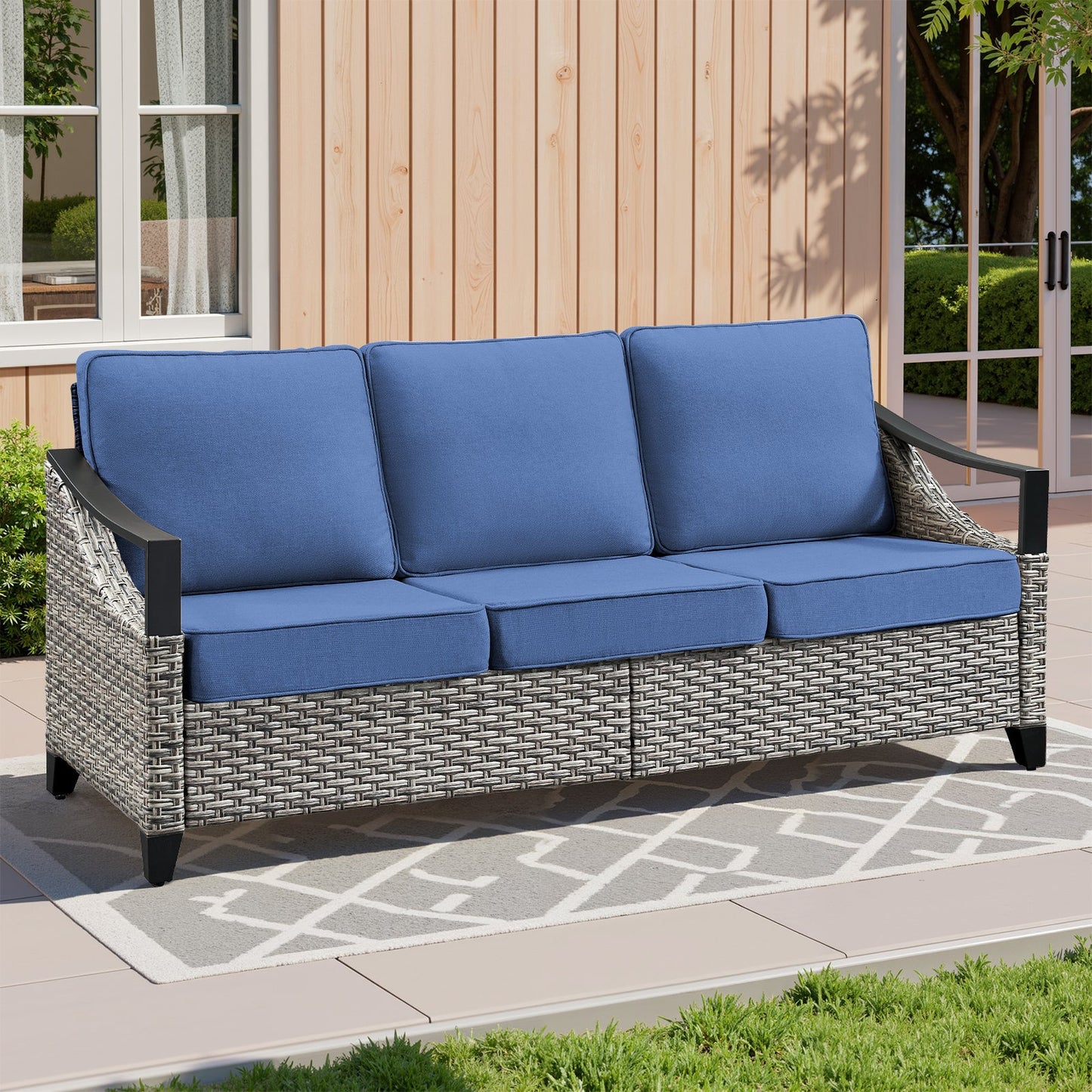 73.4 inch wide outdoor wicker sofa with blue cushions by HouseOfZazla on a patio on Tampa Home & Garden Store