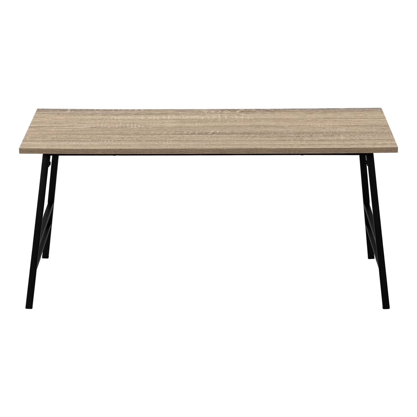 Rectangular coffee table with oak wood top and black metal legs on Tampa Home & Garden Store