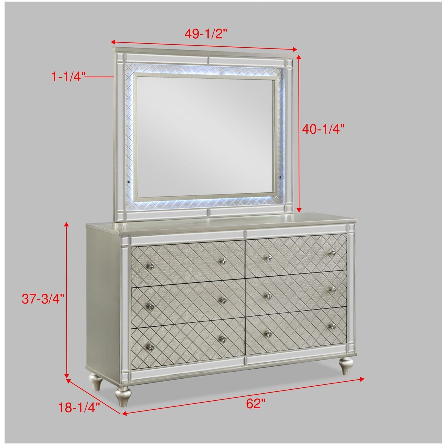 Six Drawer Dresser With Diamond Patterned Silver