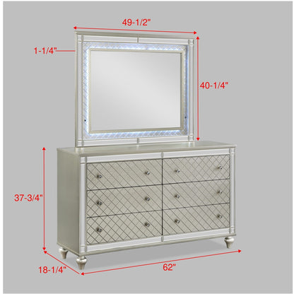 Six Drawer Dresser With Diamond Patterned Silver
