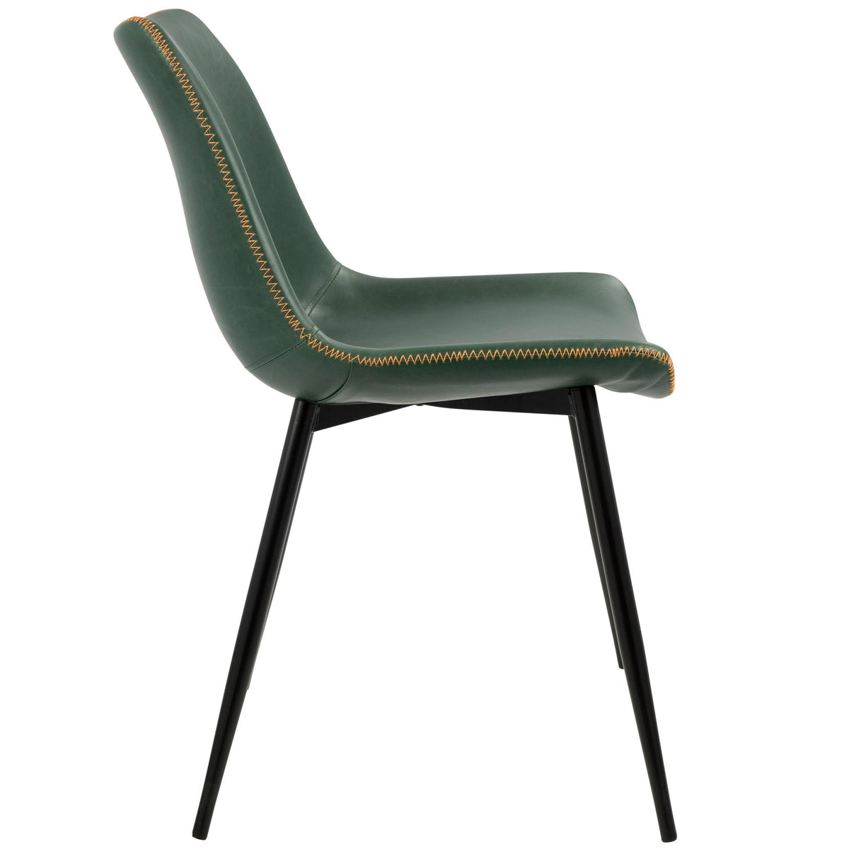 Contemporary dining chair set in dark green vintage upholstery with orange contrast stitching on Tampa Home & Garden Store