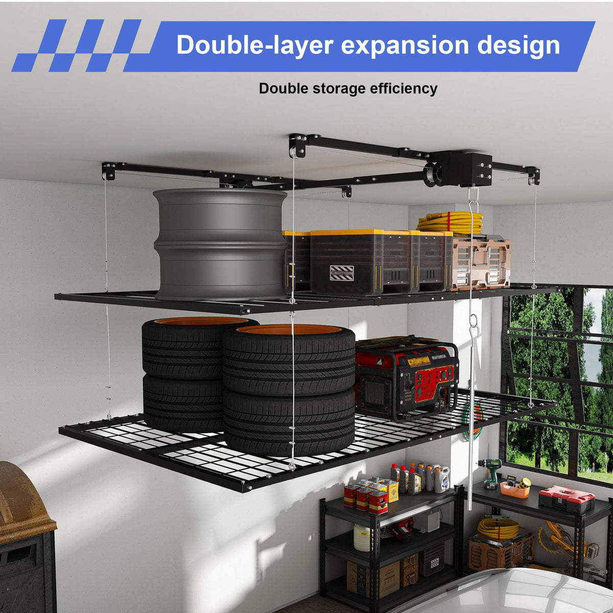 Overhead Garage Storage Rack with Crank, black metal, holds tires and gear on Tampa Home & Garden Store