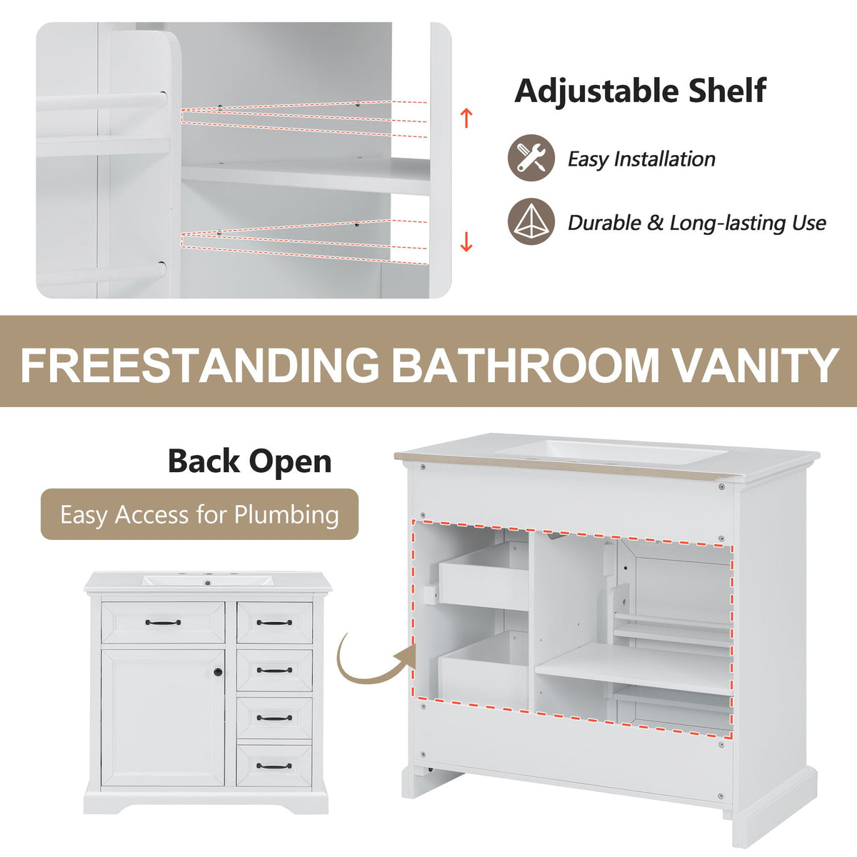 36in Bathroom Vanity with Sink by HouseOfZazla, white finish with adjustable shelves on Tampa Home & Garden Store