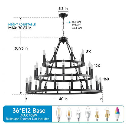 39.37in 3-Tier Wagon Wheel chandelier in black metal with bulbs ceiling hung HouseOfZazla on Tampa Home & Garden Store