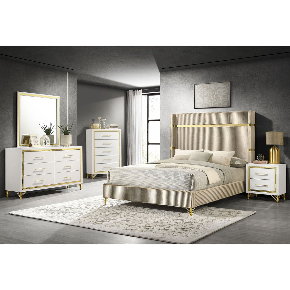 Malcolm wingback beige bed in a 5-piece set with white/gold dresser, tall chest, nightstands on Tampa Home & Garden Store