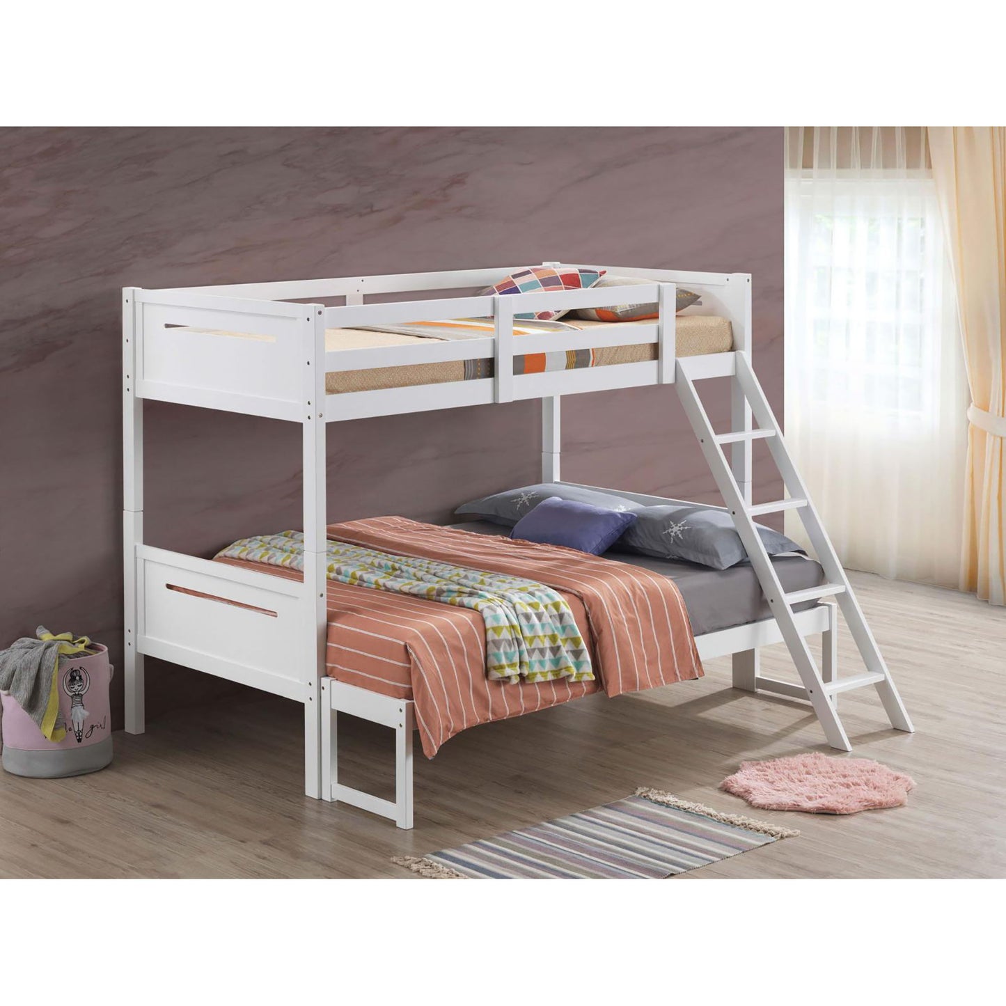 Bunk bed with built-in ladder, safety guardrails and angled access step; white finish, two bunks on Tampa Home & Garden Store