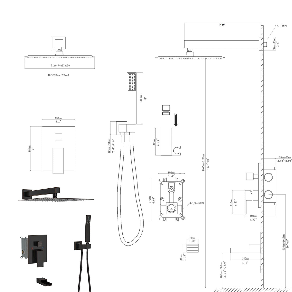 10-Inch wall mounted square shower system rough-in valve black gray finish HouseOfZazla on Tampa Home & Garden Store