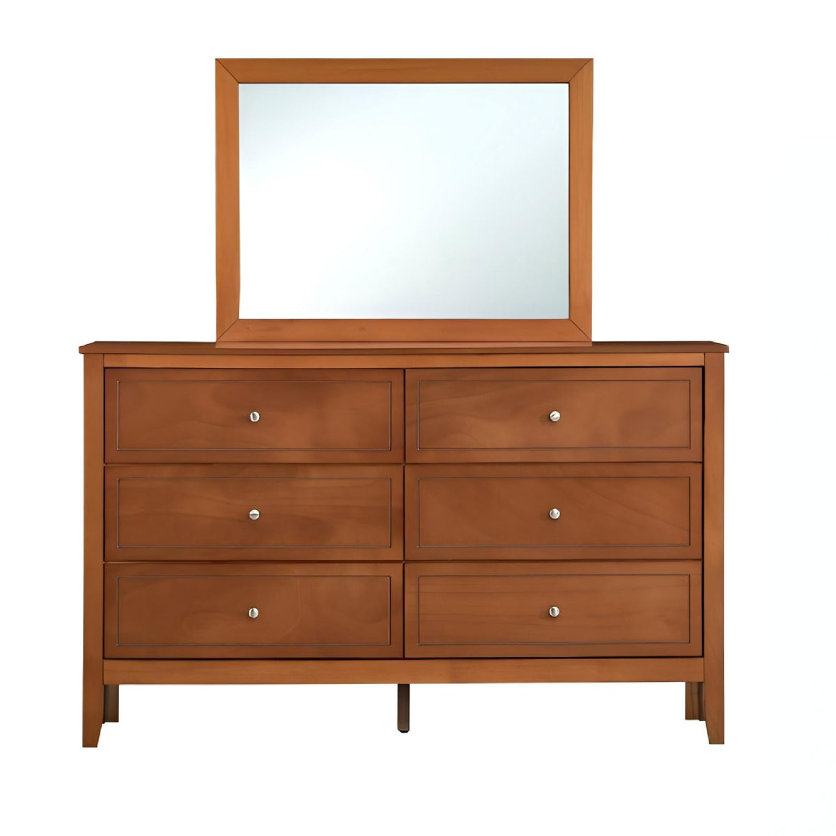 6-drawer dresser with matching mirror, warm brown wood finish, metal knobs on Tampa Home & Garden Store