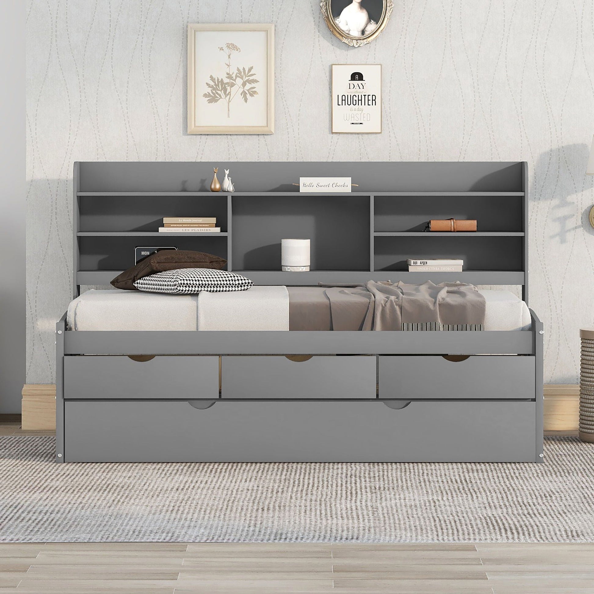 Captain Bed with built-in bookshelves, 3 storage drawers and trundle in gray finish on Tampa Home & Garden Store