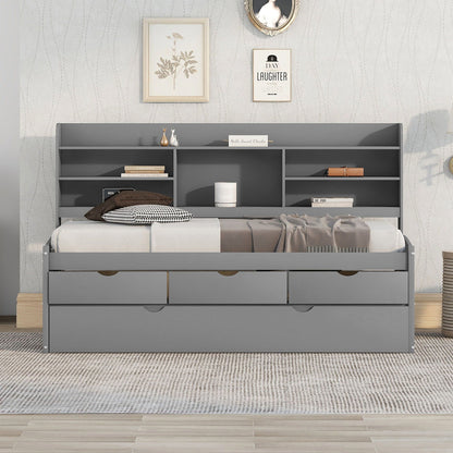 Captain Bed with built-in bookshelves, 3 storage drawers and trundle in gray finish on Tampa Home & Garden Store