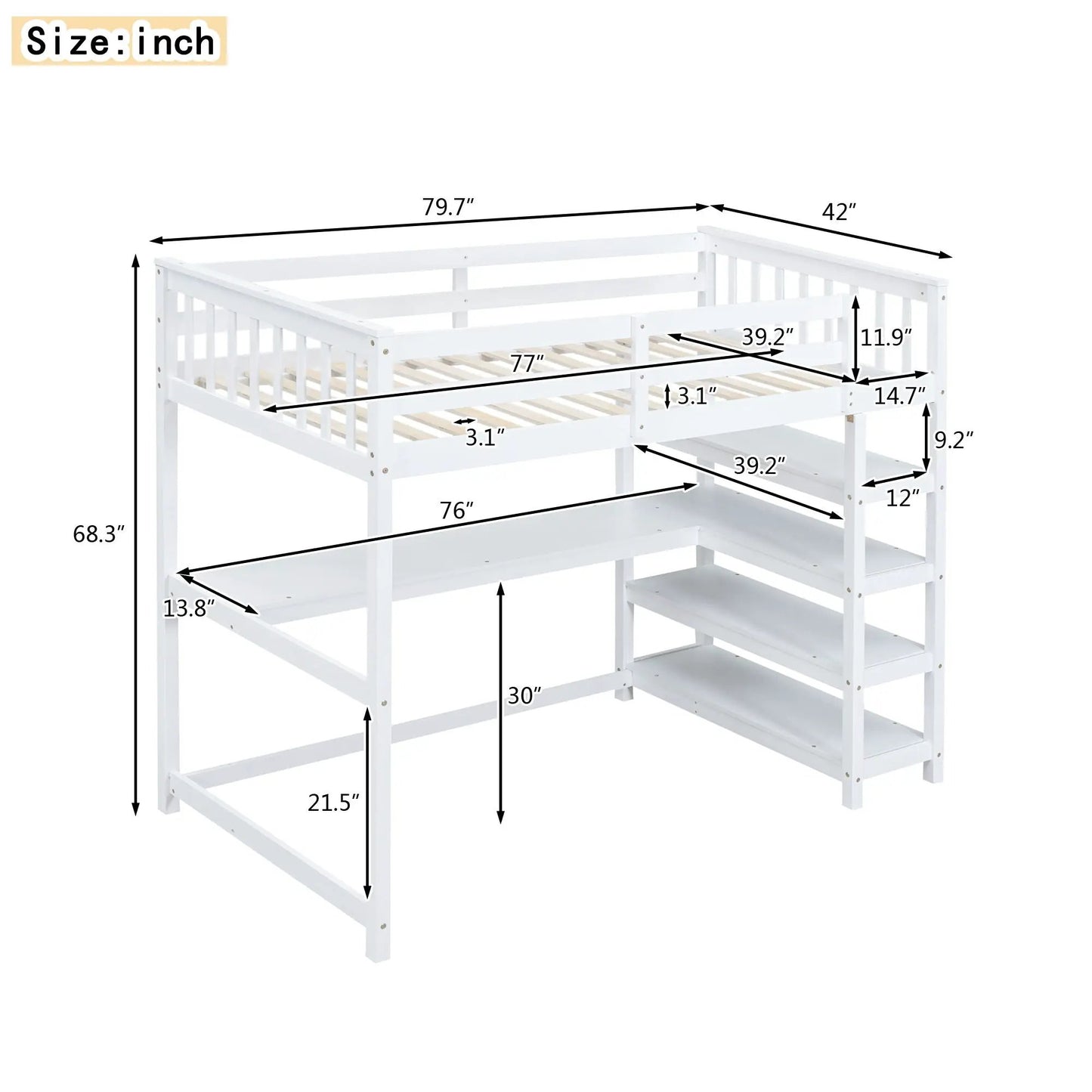 Loft Bed with Storage Shelves and Under Bed Desk