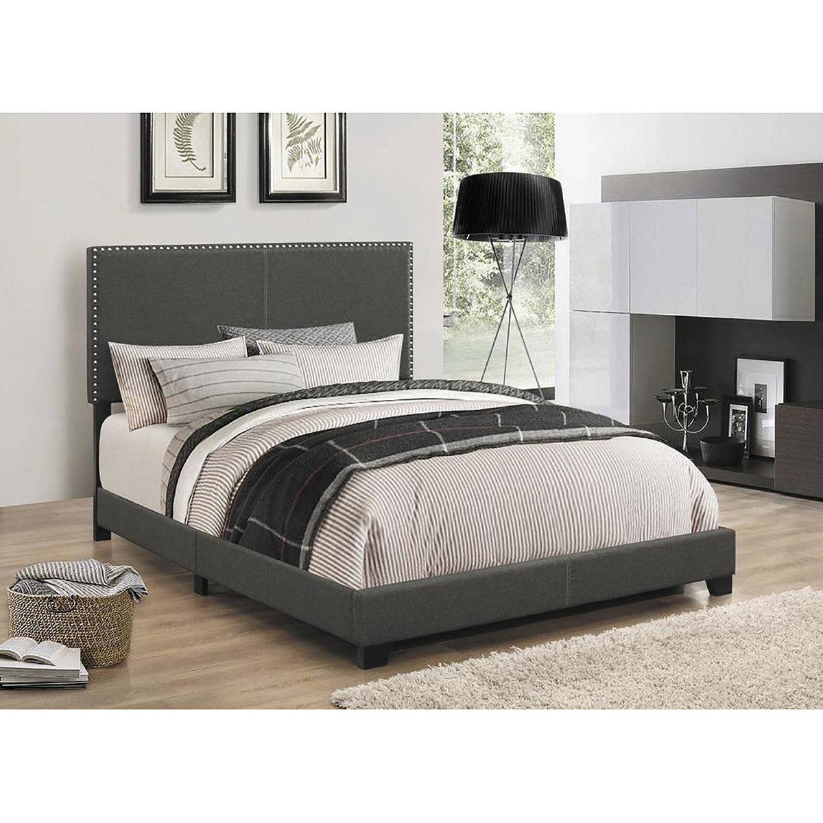 Upholstered full bed with charcoal fabric and nailhead trim by HouseOfZazla on Tampa Home & Garden Store