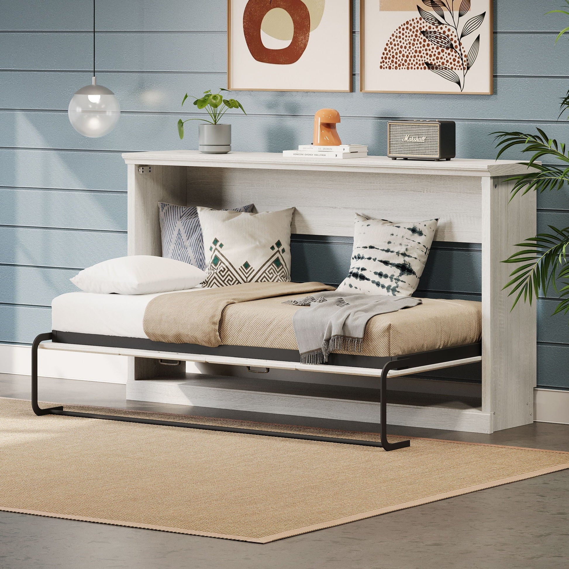 Twin-size horizontal Murphy bed in rustic white with dual piston system, space-saving wall bed on Tampa Home & Garden Store