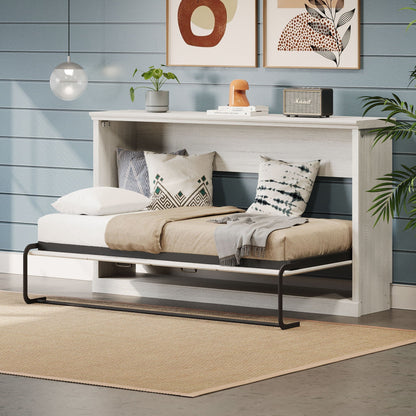 Twin-size horizontal Murphy bed in rustic white with dual piston system, space-saving wall bed on Tampa Home & Garden Store