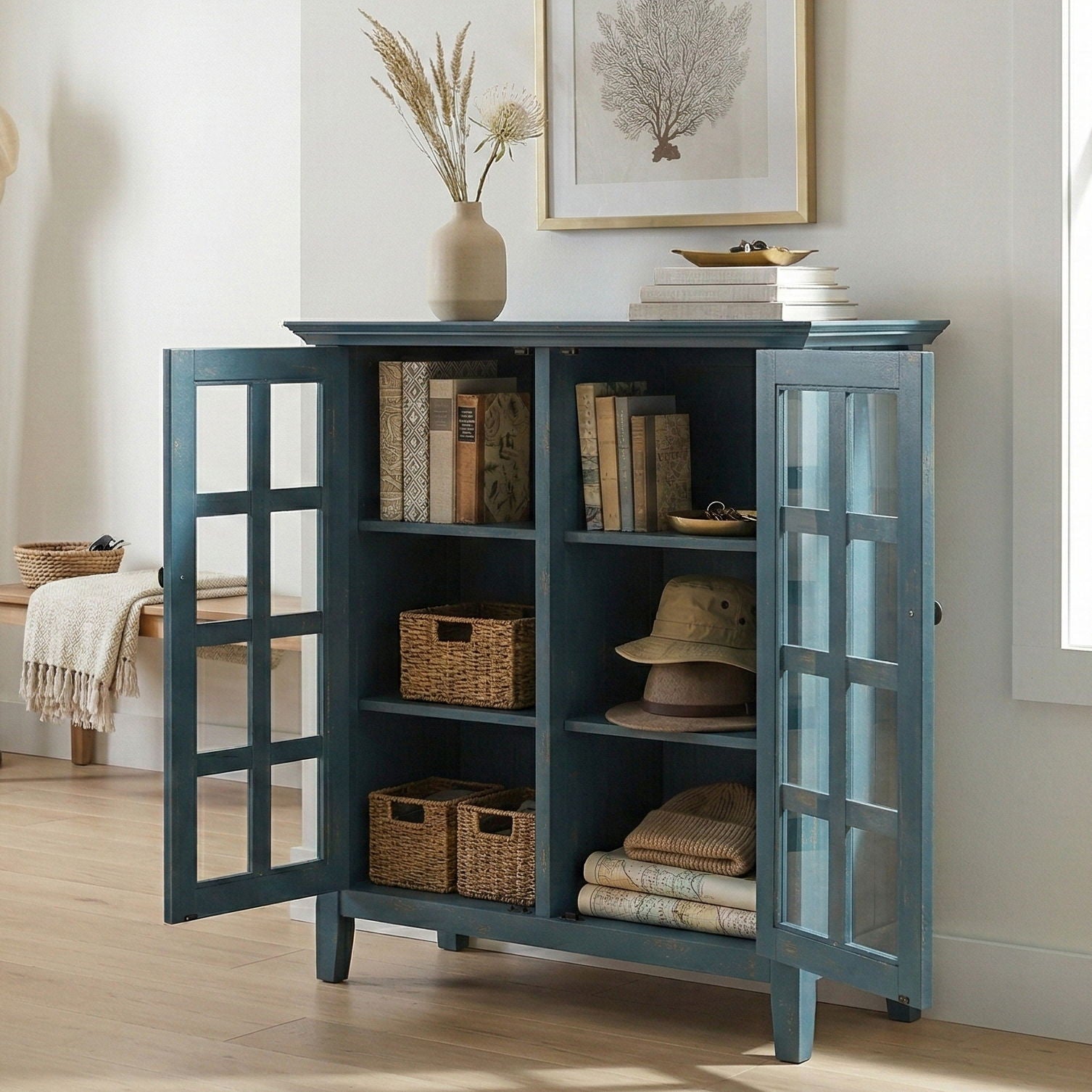 Acadian - Medium Storage Cabinet teal blue with glass doors, open shelves, baskets on Tampa Home & Garden Store