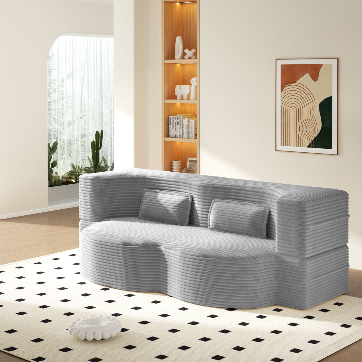 Floor sofa with 2 pillows in grey ribbed fabric, convertible twin mattress by HouseOfZazla on Tampa Home & Garden Store