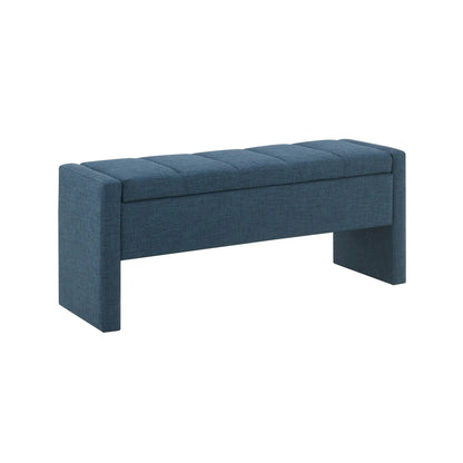 Blue upholstered bed-end storage bench by Unique Piece Furniture with tufted cushion on Tampa Home & Garden Store