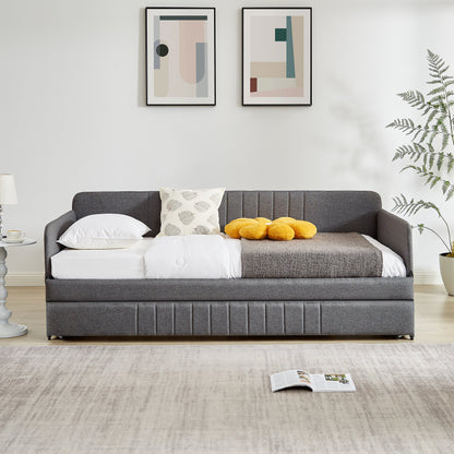 Daybed sofa bed with trundle twin size in dark gray fabric with white bedding on Tampa Home & Garden Store