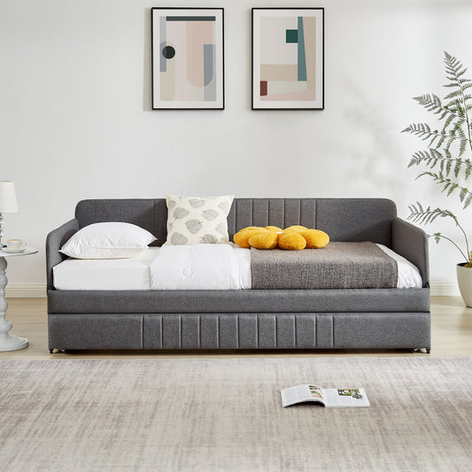 Daybed sofa bed with trundle twin size in dark gray fabric with white bedding on Tampa Home & Garden Store