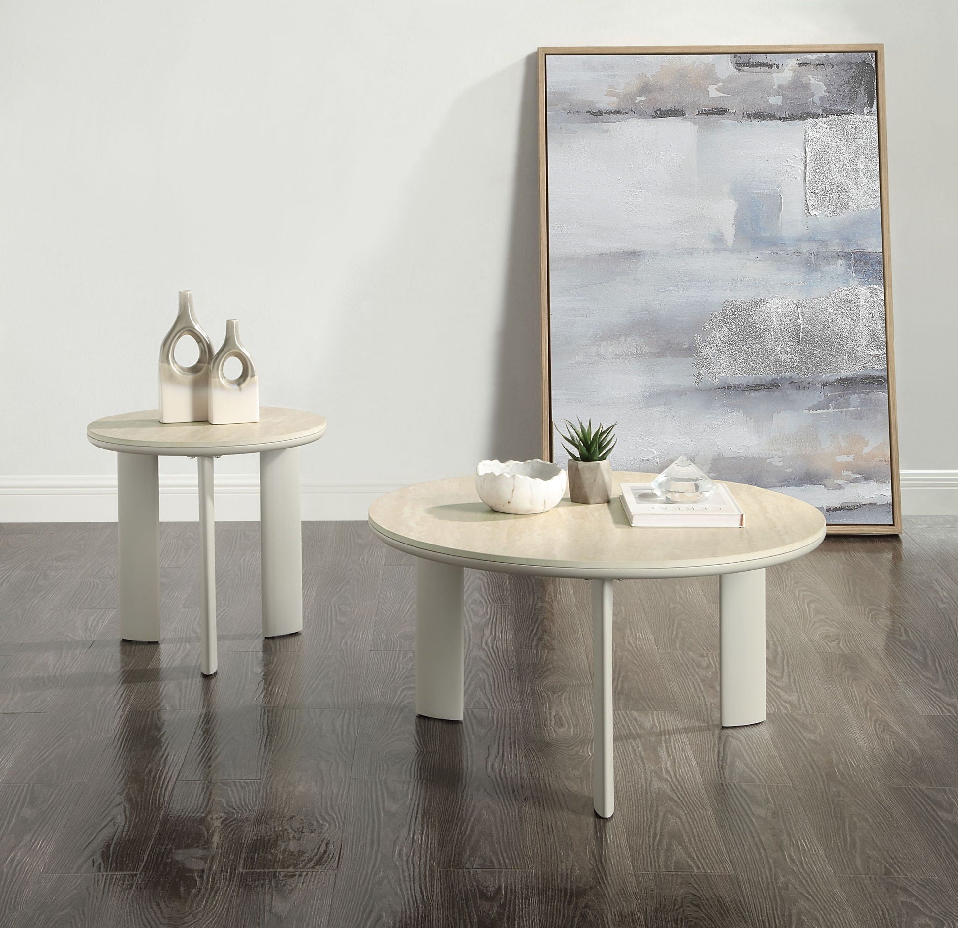 Ingram ceramic top coffee tables by HouseOfZazla, round pale marble tops with white legs on Tampa Home & Garden Store