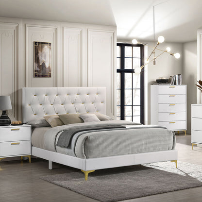 James - Panel Bed, white upholstered bed with tufted headboard and gold legs in a modern bedroom on Tampa Home & Garden Store