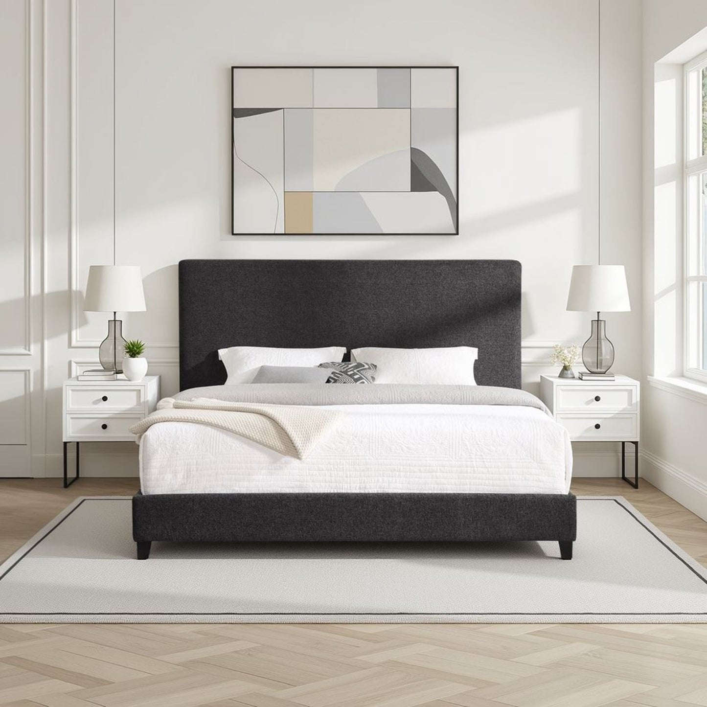 Platform Bed with Upholstered Headboard and Frame