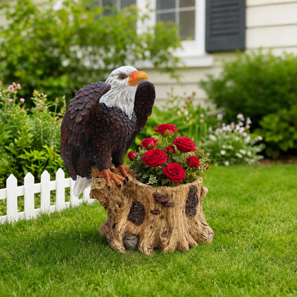Majestic Eagle Planter Pot statue by HouseOfZazla; brown body, orange beak on carved stump on Tampa Home & Garden Store