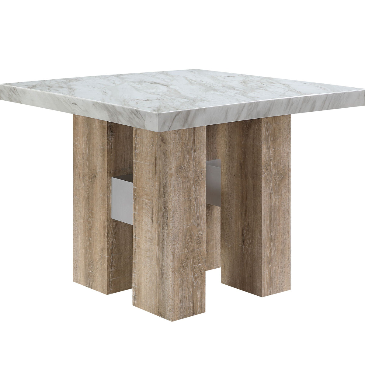 Mikha bar table with extra thick white marble top and brown wood legs on Tampa Home & Garden Store