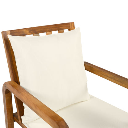 Wooden outdoor chair with cream cushion and rounded armrests for patio use on Tampa Home & Garden Store