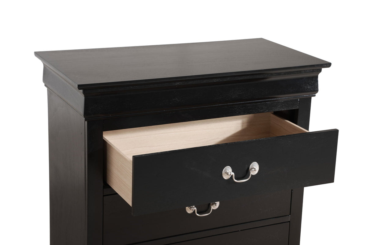 Louis Phillipe Accent Chest black finish with silver hardware open shows wood interior on Tampa Home & Garden Store