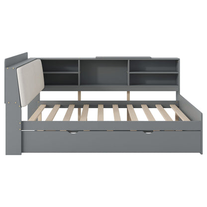Platform Bed with trundle and storage headboard in gray, with open shelves and slatted base on Tampa Home & Garden Store