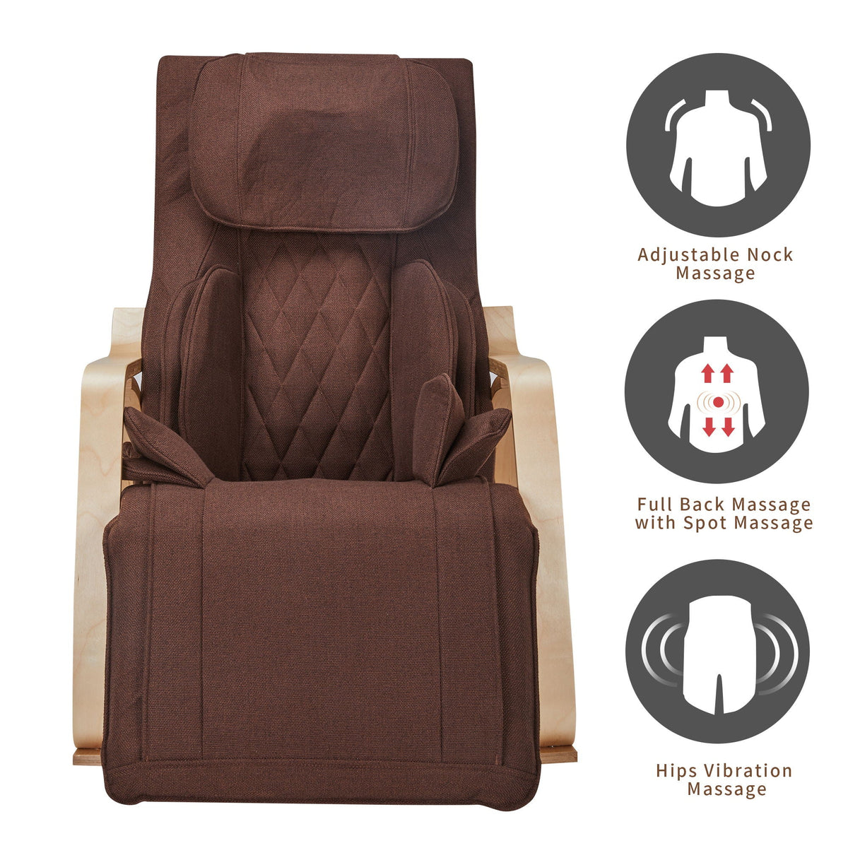 Massage rocking chair brown quilted fabric with wooden arms on Tampa Home & Garden Store