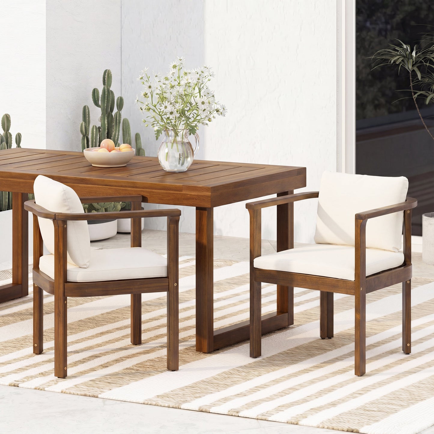 Outdoor Dining Chair Set of 2 with curved acacia wood arms, brown frames, white cushions HouseOfZazla on Tampa Home & Garden Store