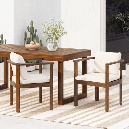 Outdoor Dining Chair Set of 2 with curved acacia wood arms, brown frames, white cushions HouseOfZazla on Tampa Home & Garden Store