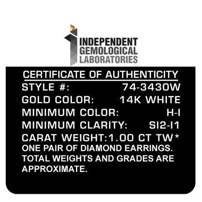 Certificate for 14K white gold diamond stud earrings 1.00 ct H-I color SI2-I1 by IGL on Tampa Home & Garden Store
