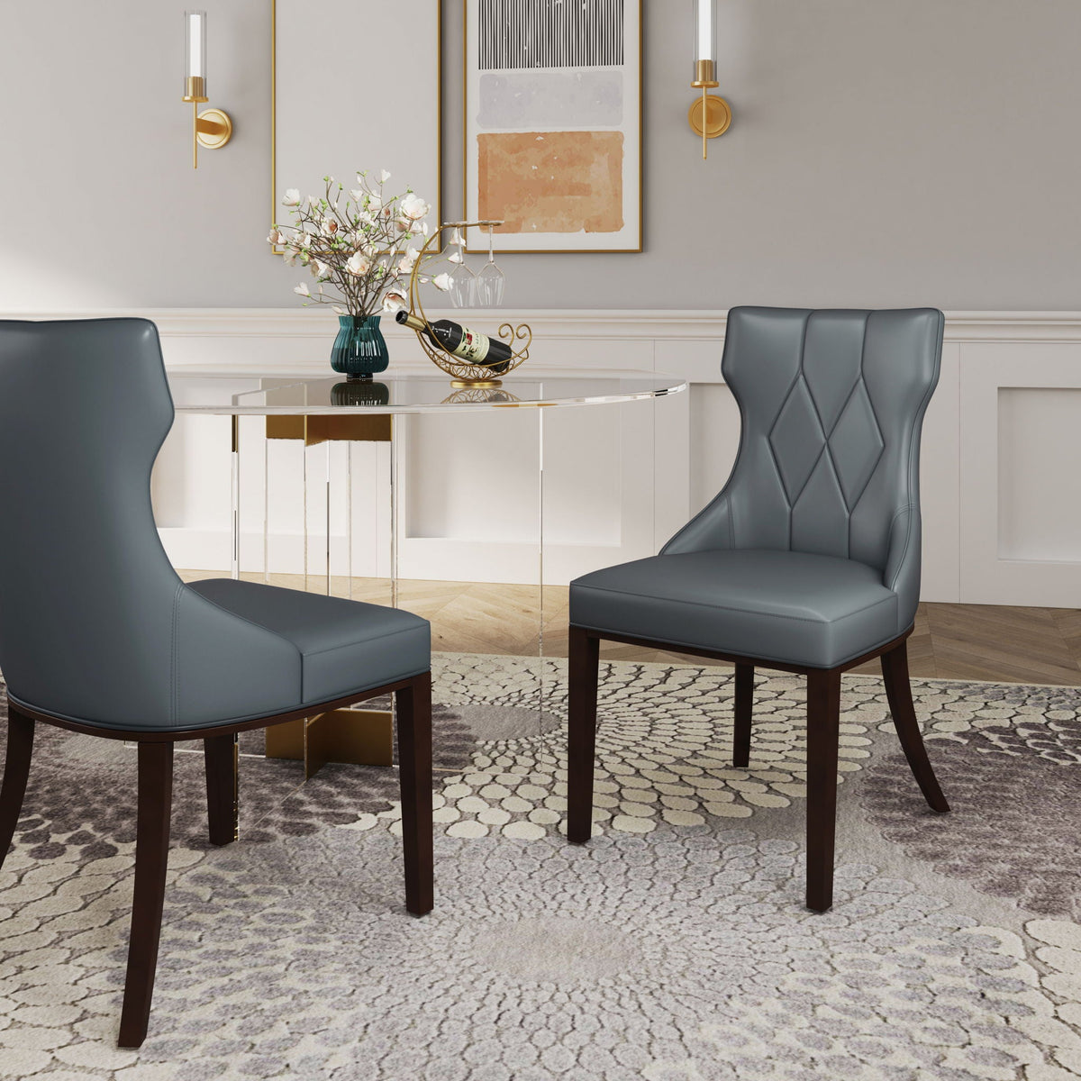 Reine dining chair set of 2 with solid wood frame, blue-gray upholstery, classic design on Tampa Home & Garden Store