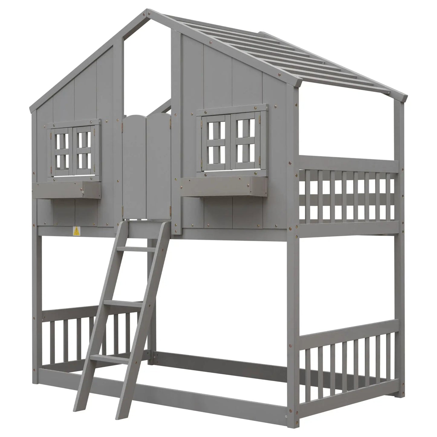House bunk bed with roof and window in gray wood with door, ladder and guardrails on Tampa Home & Garden Store